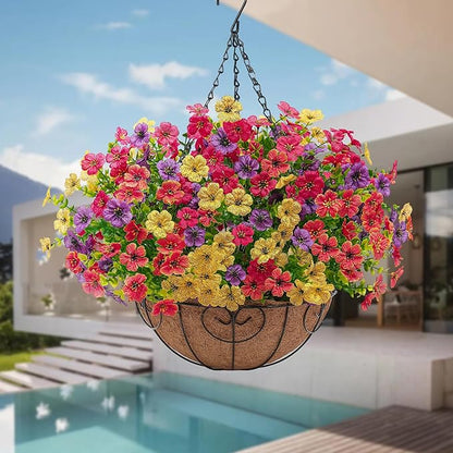 Artificial Faux Hanging Flowers Plants Basket for Outdoors Outside Spring Summer Decoration,Hanging Planters with Silk Fake Flowers Realistic UV Resistant Balcony Porch Garden Patio Home(4 Multicolor)