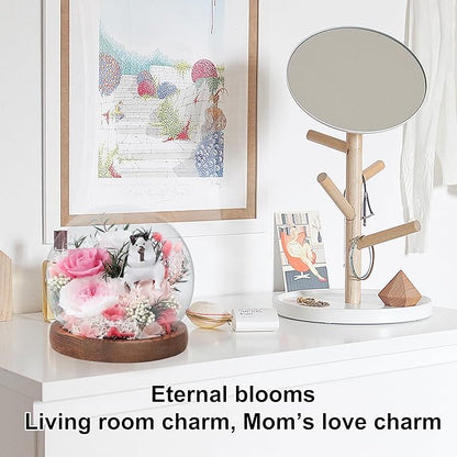 Preserved Flowers In Glass Dome, Eternal Flowers, Forever Flower, Birthday Gifts for Women, Gifts for Mom Girlfriend Her Friendship, Home Decor Bedroom Living Room (Pink)