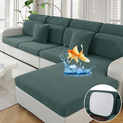 MAXIJIN Waterproof 3 Pieces Couch Cushion Covers for Sectional Sofa Seat Slipcover Stretch Sectional Couch Cover for L Shape Left/Right Chaise with Elastic Bottom (2 Seater + 1 Chaise, Pea Green)