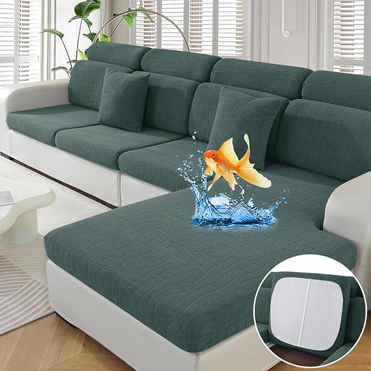 MAXIJIN Waterproof 3 Pieces Couch Cushion Covers for Sectional Sofa Seat Slipcover Stretch Sectional Couch Cover for L Shape Left/Right Chaise with Elastic Bottom (2 Seater + 1 Chaise, Pea Green)