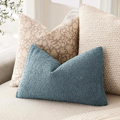 Foindtower Decorative Textured Boucle Throw Pillow Covers Accent Solid Lumbar Pillow Cases Neutral Soft Couch Cushion Case for Chair Sofa Bedroom Living Room Home Decor 12x20 Inch,1PC,Misty Blue