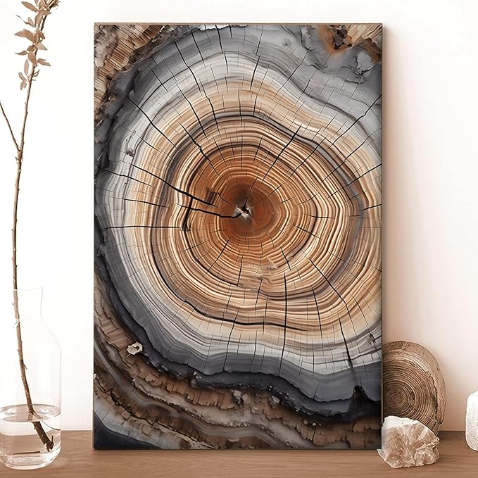 IBHJSART Framed Tree Ring Canvas Wall Art Vintage Colorful Wood Stump Painting Prints Modern Minimalist Pictures Neutral Nature Rustic Farmhouse Decor Living Room Bedroom Bathroom Office