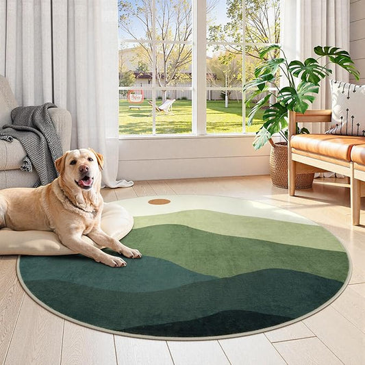 4ft Abstract Round Rug,Soft Washable Non-Slip Mountain Circle Classroom Rug,Chic Stain Resistant Low-Pile Throw Rugs for Entryway/Bedroom/Nursery/Living Room(Green)