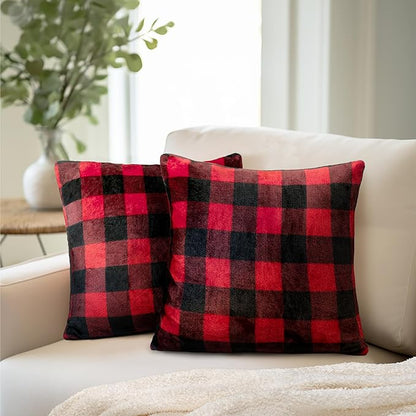 PAVILIA Checker Plaid Throw Pillow Covers 18x18 Set of 2, Decorative Pillow Cases for Bed Sofa Couch, Boho Aesthetic Accent Decor Cushion Bedroom Living Room, Velvet Square Euro Sham Covers, Black Red