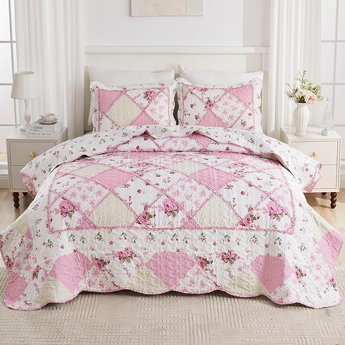 VIVILINEN Pink Patchwork Quilt Set Queen Size Reversible Quilted Bedspread Coverlet Set 3-Piece Floral Lightweight Comforter Stitched Bedding Set Bed Sheet Set Cover Blanket with 2 Pillow Shams