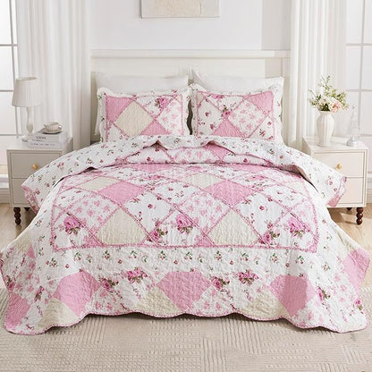 VIVILINEN Pink Patchwork Quilt Set Queen Size Reversible Quilted Bedspread Coverlet Set 3-Piece Floral Lightweight Comforter Stitched Bedding Set Bed Sheet Set Cover Blanket with 2 Pillow Shams