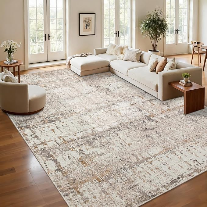 9x12 Area Rug for Living Room, Extra Large Washable Rug, Soft Neutral Abstract Rug for Bedroom, Office, Farmhouse, Low Pile Imitation Wool Non Slip Carpet Ideal for High-Traffic Areas, Beige Grey