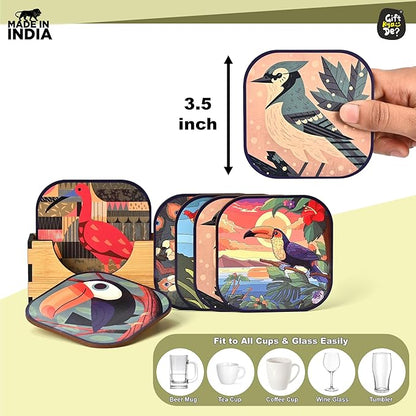 GKD Wooden Coasters for Drinks, MDF Coasters Set of 6 with Holder, Bird Design, 3.8 inches Eco-Friendly Absorbent Coaster for Coffee Table, Bar, Drinking Glasses, Tabletop Protection