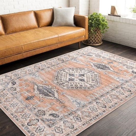 vivorug 3x5 Rug, Small Area Rug for Living Room, Bedroom, Kitchen, Machine Washable Non-Slip Throw Rug, Vintage Distressed Carpet for Entryway Nursery Dinner Room, Orange