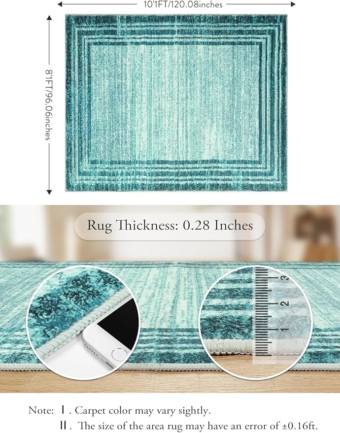 Lahome Abstract Teal 8x10 Area Rugs for Living Room, Washable Modern Bedroom Rug 8x10 Stain Resistant, Low-Pile Soft Minimalist Bordered Large Indoor Carpet for Office Dining Room