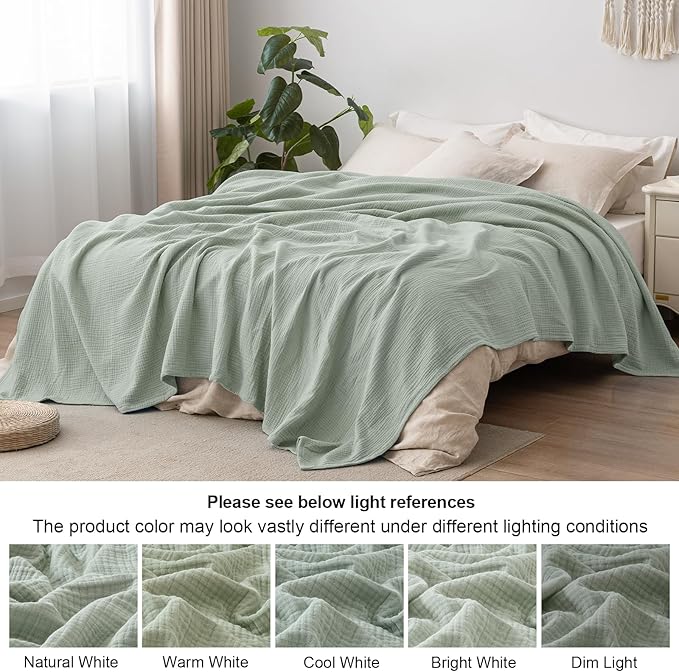 PHF 100% Cotton Muslin Throw Blanket 50" x 60", 4-Layer Lightweight Gauze Throw, Breathable Cloud-Soft Minimalist Blanket for Bed, Couch, Camping & Baby, Sage Green, Ideal Gift