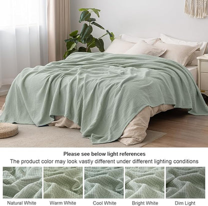 PHF 100% Cotton Muslin Throw Blanket 50" x 60", 4-Layer Lightweight Gauze Throw, Breathable Cloud-Soft Minimalist Blanket for Bed, Couch, Camping & Baby, Sage Green, Ideal Gift