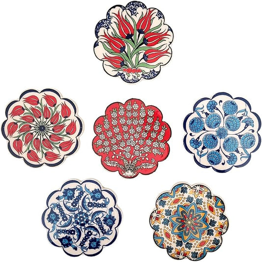 Turkish Ceramic Plate Absorbent Daisy Desing Coasters for Drinks House Warming,Living Room Decoration Gift Set of 6 No Holder,Oversize Better Protects Furniture from Damage (Multi 3)