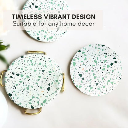 Green Terrazzo Drink Absorbent Coasters with Holder Set of 6, Ceramic Coaster for Drinks, Coffee Table Decor, Water Absorbing Stone Coaster for Drinks (Sage)