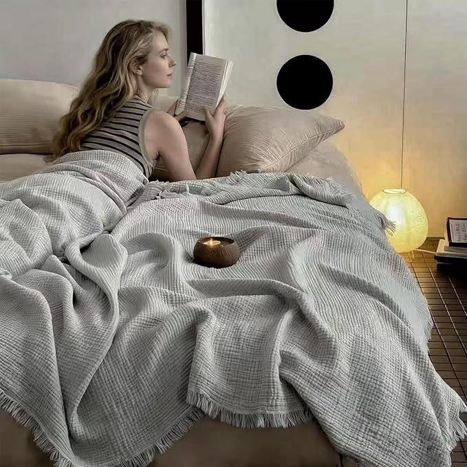 MorroMorn 100% Cotton Muslin Throw Blanket with Fringes 50"x60", 4-Layer Cotton Gauze Blankets for Adults, Boho Bedding Breathable Lightweight Ultra-Soft for Couch Bed Sofa All Seasons, Grey