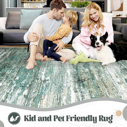 6x9 Area Rugs for Living Room, Washable Modern Abstract Large Area Rug Neutral Soft Non Slip Kids Rug Stain Resistant Indoor Carpet for Bedroom Nursery Dining Room Playroom Home Office(Green, 6'x9')