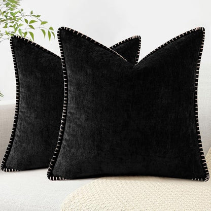 decorUhome Spring Chenille Soft Throw Pillow Covers 26x26 Set of 2, Farmhouse Velvet Neutral Decorative Euro Sham Pillow Covers with Stitched Edge for Couch Sofa Bed Home Decor, Black