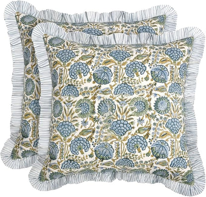 Ridhi Modern Farmhouse Pillow Covers Decorative Cotton Throw Pillow Covers Set of 2 Asparagus Green Cushion Covers with Ruffle for Couch Sofa Bed Living Room Spring Home Decor 24x24