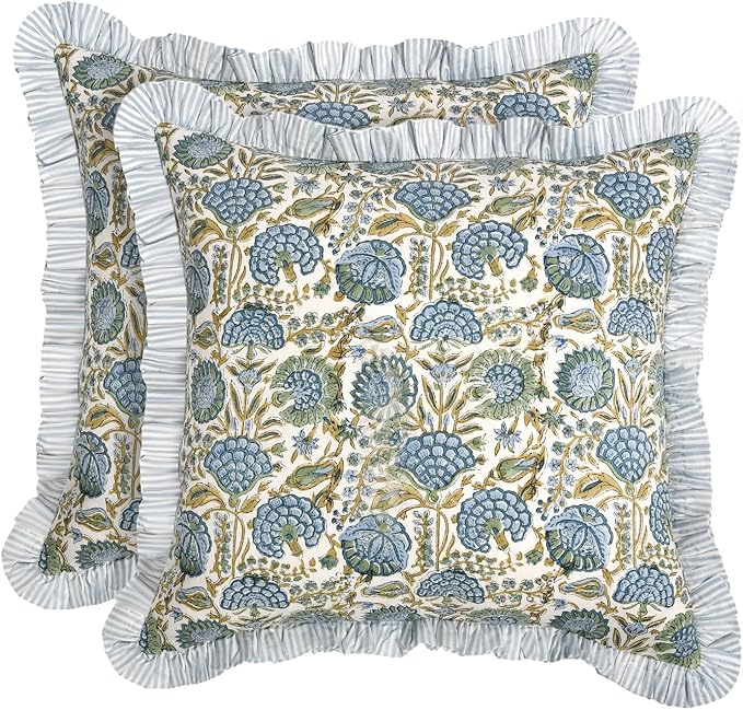 Ridhi Modern Farmhouse Pillow Covers Decorative Cotton Throw Pillow Covers Set of 2 Asparagus Green Cushion Covers with Ruffle for Couch Sofa Bed Living Room Spring Home Decor 18x18