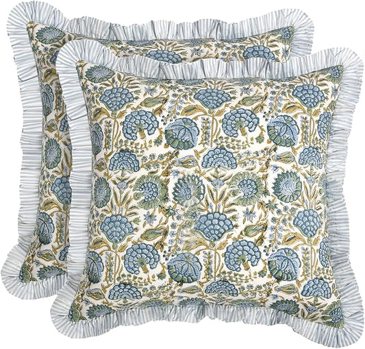 Ridhi Modern Farmhouse Pillow Covers Decorative Cotton Throw Pillow Covers Set of 2 Asparagus Green Cushion Covers with Ruffle for Couch Sofa Bed Living Room Spring Home Decor 18x18