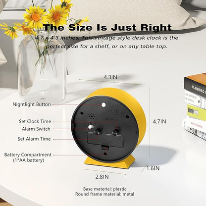 AYRELY® 4.5" Analog Alarm Clock,Small Retro Desk Clock Battery Operated,Slient Metal Table Clock with Light for Living Room Decor,Bedroom,Bedside,Shelf (Orange-Yellow)
