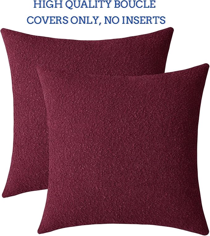 Jeneoo Burgundy Red Decorative Square Thick Throw Pillow Covers Fine Textured Boucle Couch Cushion Cases for Home Livingroom Sofa Decor, Set of 2, 18 x 18 Inch