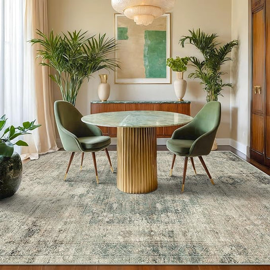 Tan and Moss Rugs for Dining Room - Neutral Abstract Faded Patterned Accent Rug 5x8 for Living Room, Home Office, Bedroom Foldable Soft Washable