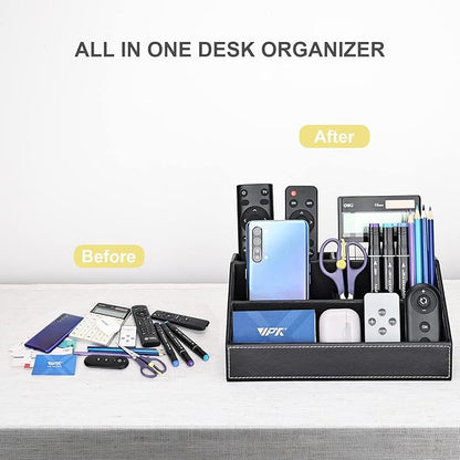 KINGFOM Pu Leather Desk Organizer with 5 Compartments Holder, Multi-Functional Office Supplies Storage Caddy for Pen/Pencil, Phones, Remote Controller and Desktop Accessorie Black