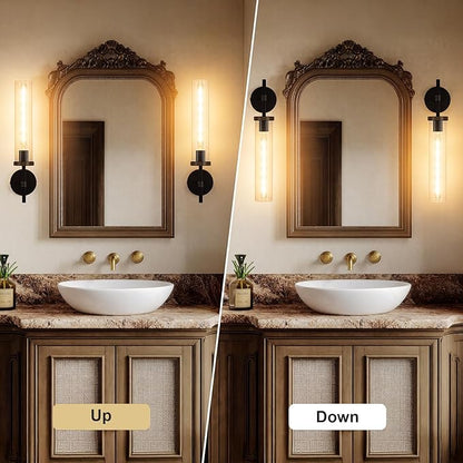 19.5" Knurled Brass Wall Sconce with Clear Glass Tube, Black Gold Bathroom Vanity Light Fixtures, Modern Lamp Lighting for Bedroom, Living Room, Hallway, Staircase, Mirror, Kitchen