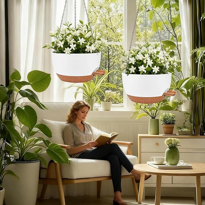 12 Inch Self Watering Hanging Planter for Indoor Outdoor Plants, 2 Pack Hanging Flower Pots with Drainage Holes and Saucers, Plastic Hanging Baskets for Kitchen, Balcony, Garden Decoration