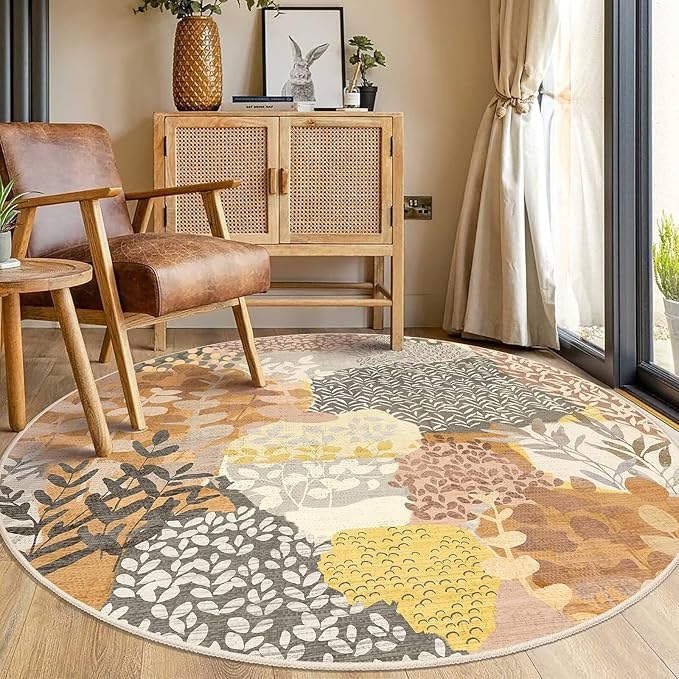 DEXDE Round Rug 5ft Washable Circle Area Rugs Non Slip Low Pile Boho Floral Large Circular Carpet for Bedroom Bathroom Entryway Kids Room Office Dining Room,Camel