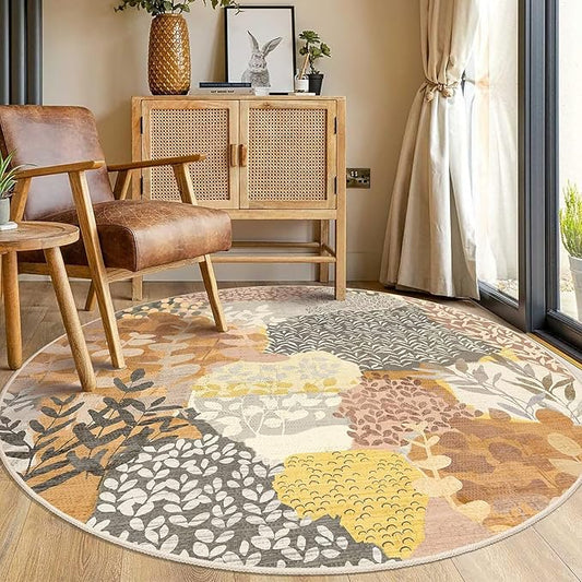 DEXDE Round Rug 5ft Washable Circle Area Rugs Non Slip Low Pile Boho Floral Large Circular Carpet for Bedroom Bathroom Entryway Kids Room Office Dining Room,Camel