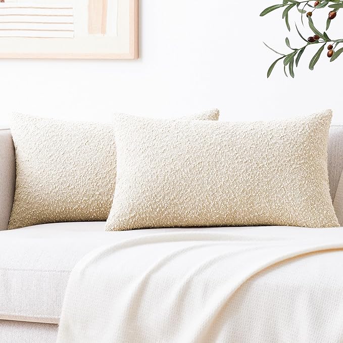 Mixhug Decorative Boucle Throw Pillow Covers, Beige, 12 x 20 Inches, Pack of 2 - Neutral Textured Boho Pillow Covers for Couch and Bed