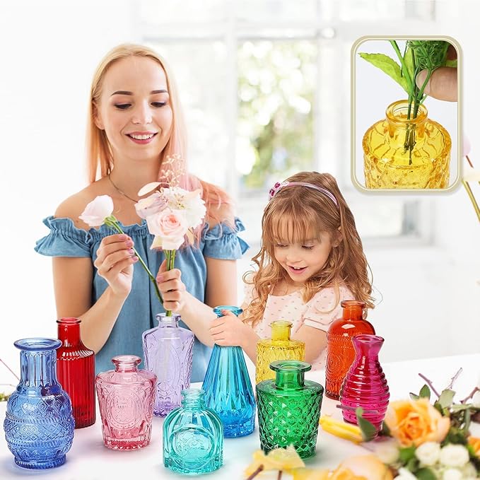 20 Pcs Bud Vases Bulk Colored Small Vintage Glass Vases for Centerpieces Mini Flower Bottles for Wedding Home Table Decoration Floral Arrangements