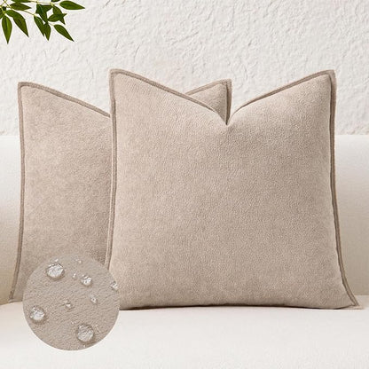 Kevin Textile Waterproof Decorative Pillow Covers Khaki 24x24 Inch Pack of 2 Soft Boucle Textured Euro Pillowcases Elegant Accent Pillows for Couch Sofa Chair Bed Home Decor Indoor Outdoor