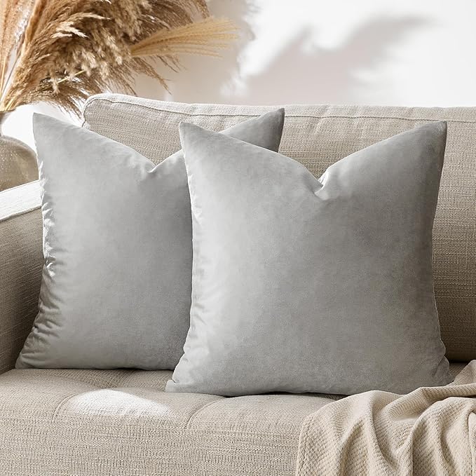 GIGIZAZA Big Velvet Pillow Covers 26x26 Silver Grey Pack of 2 Square Modern Throw Pillows Luxury Covers Decorative Pillows for Living Room Couch Sofa Pillow Cases