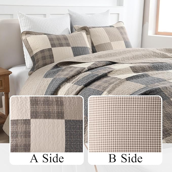 100% Cotton Quilt Set Queen Size - Reversible Quilted Comforter, Patchwork Plaid Queen Quilt Bedspread, Modern Farmhouse Lightweight Bedding for Queen Bed, 3pcs, Charcoal/Beige/Brown