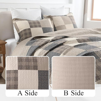 100% Cotton Quilt Set Queen Size - Reversible Quilted Comforter, Patchwork Plaid Queen Quilt Bedspread, Modern Farmhouse Lightweight Bedding for Queen Bed, 3pcs, Charcoal/Beige/Brown