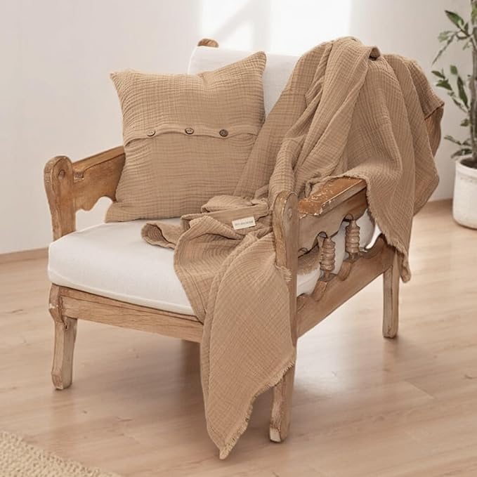 Muslin Blanket - Pure 100% Turkish Cotton Airy Soft Light Versatile Gauze Throw Blanket for Bed, Couch, Sofa (Beige, Throw Size (50" x 66" inch))