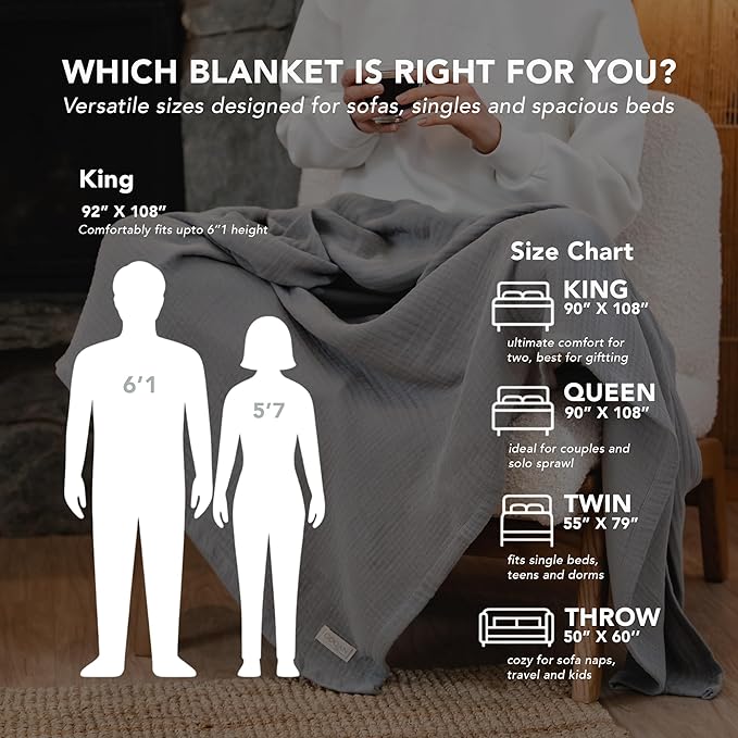 Goqan Muslin Blanket King Size 90x108 – 100% Turkish Cotton 4 Layer Boho Muslin Blanket for Adults, Four Season, Lightweight and Thin, Soft, Breathable for Bed, Couch - Light Grey