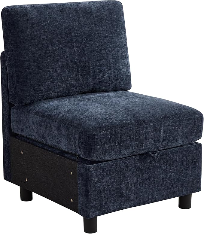 Middle Seat Module for Modular Sectional Couch Sofa, Living Room Accent Armless Sofa Chair with Storage & Pillow, Modern Side Sectional Middle Unit, Chenille Navy