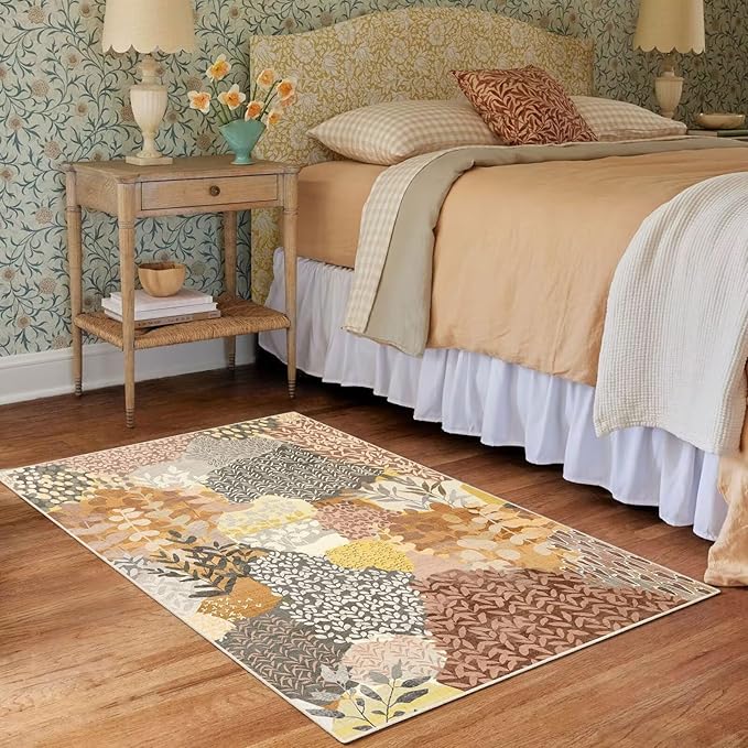 DEXDE 2x3 Area Rug Fall Tropical Small Rugs Entryway Doormat, Indoor Forest Washable Non-Slip Abstract Colorful Leaves Floral Floor Carpet for Living Room, Bedroom, Office, Kids Playroom,Camel