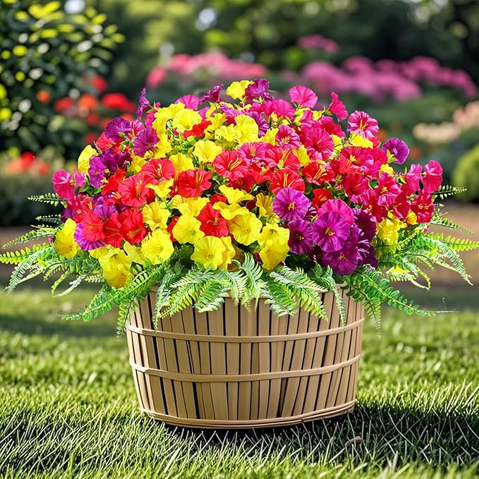 16 Bundles Outdoor Artificial Fake Flowers UV Resistant No Fade Plastic Faux Morning Glory Silk Flowers Plants for Home Garden Porch Patio Window Box Farmhouse Hanging Décor