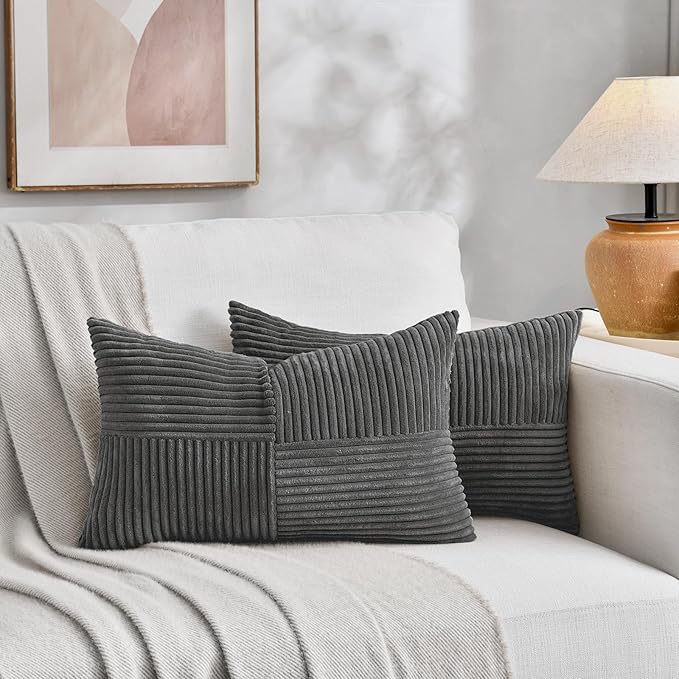 Fancy Homi 2 Packs Dark Gray Lumbar Decorative Throw Pillow Covers 16x28 Inch for Living Room Couch Bed Sofa, Farmhouse Home Decor, Soft Striped Corduroy Rectangle Accent Cushion Case 40x70 cm