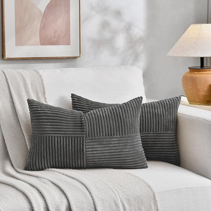 Fancy Homi 2 Packs Dark Gray Lumbar Decorative Throw Pillow Covers 16x28 Inch for Living Room Couch Bed Sofa, Farmhouse Home Decor, Soft Striped Corduroy Rectangle Accent Cushion Case 40x70 cm