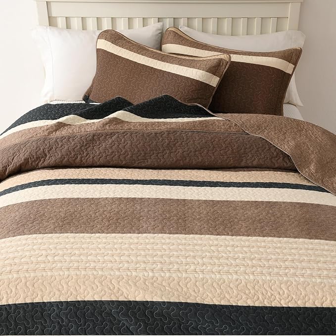 Finlonte Bedspread King Size 100% Cotton Oversized King Size Bedspreads Charcoal Brown Beige California King Quilted Bed Spread Striped Farmhouse Lightweight Soft Bedding Sets for All Season, 3 Piece