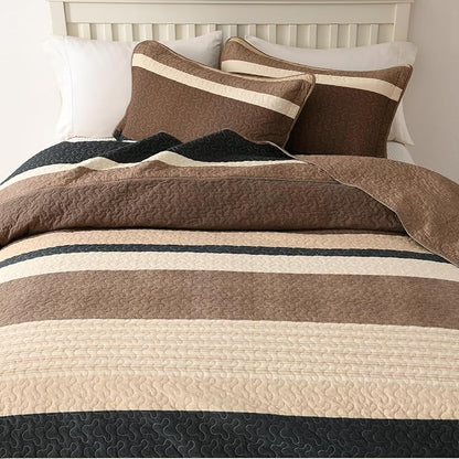Finlonte Bedspread King Size 100% Cotton Oversized King Size Bedspreads Charcoal Brown Beige California King Quilted Bed Spread Striped Farmhouse Lightweight Soft Bedding Sets for All Season, 3 Piece
