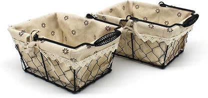 CVHOMEDECO. Primitives Country Chicken Wire Small Gift Baskets Gathering Baskets with Swing Handle and Fabric Liner. Set of 2 (Rectangular)