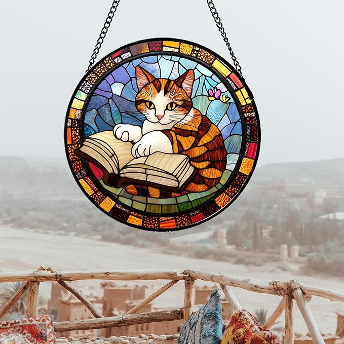 Stained Glass Window Hanging Little Cat Reading 9.8" - Suncatcher Door Garden Kitchen Sunroom Sun Catcher Home Decor Birthday for Lost Pets Mom Grandma Men Woman Friend