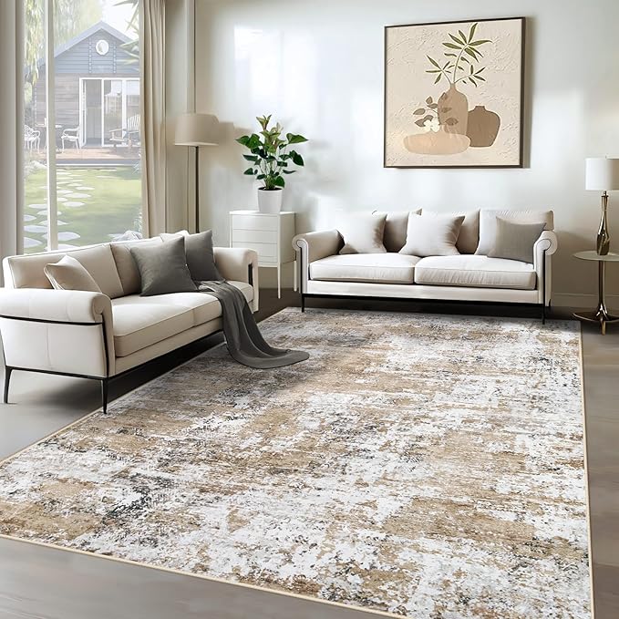6x9 Area Rugs for Living Room, Washable Modern Abstract Large Area Rug Neutral Soft Non Slip Kids Rug Stain Resistant Indoor Carpet for Bedroom Nursery Dining Room Playroom Home Office(Beige, 6'x9')